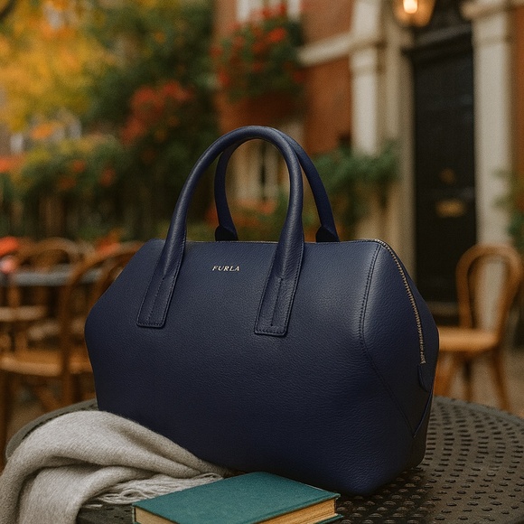 NEW Furla Papermoon Navy Blue Saffiano Leather Top Handle Satchel/Shoulder Bag - Picture 1 of 14